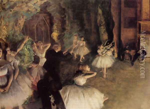 The Rehearsal Of The Ballet Onstage Oil Painting - Edgar Degas