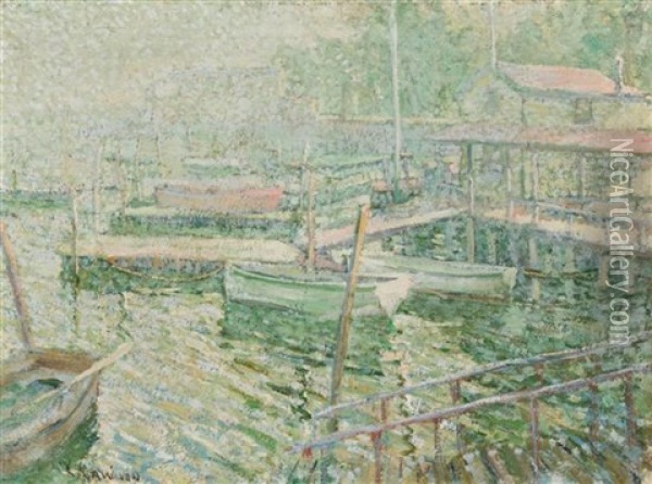 Boats In A Harbor Oil Painting - Ernest Lawson