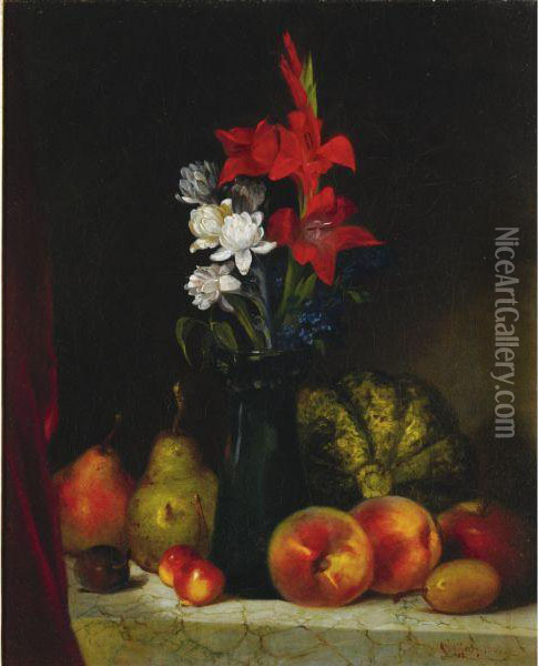 Still Life With Flowers And Fruit Oil Painting - James Henry Cafferty