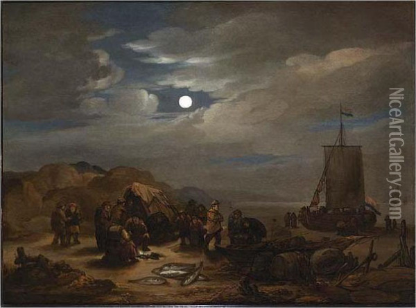 A Moonlit Beach Scene With Fishermen Unloading Their Catch Oil Painting - Egbert van der Poel