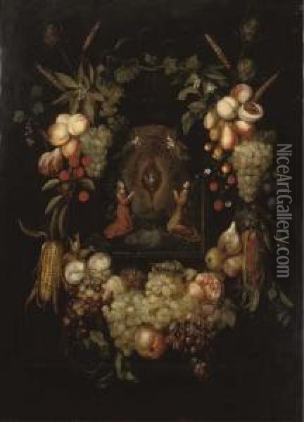 A Garland Of Fruits Surrounding A Niche With Angels Worshipping Themonstrance Oil Painting - Frans Ykens