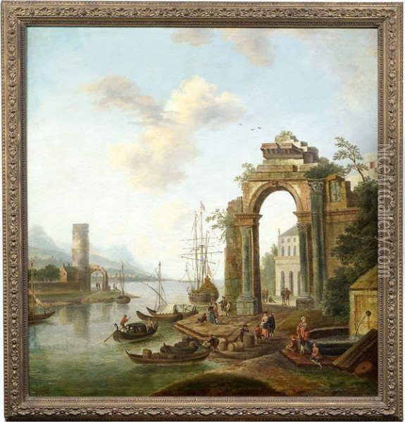 Mediterraner Hafen Mit Ruinoser Antiker Bogenarchitektur Und Zahlreicher Figurenstaffage Oil Painting - Franz Hochecker