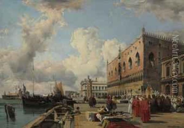 The Ducal Palace, Venice, With A Religious Procession Oil Painting - Richard Parkes Bonington