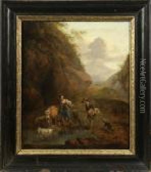 Felsenlandschaft Mit Hirten An Der Tranke Oil Painting - Nicolaes Berchem