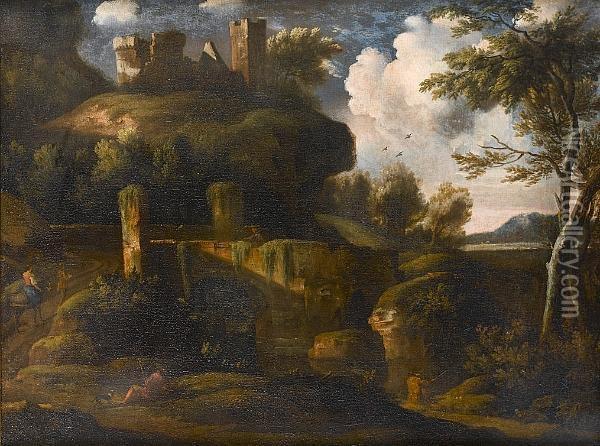 An Italianate Landscape With Travellers On A Bridge, A Hill-top Castle Beyond Oil Painting - Jan Frans Van Bloemen (Orizzonte)