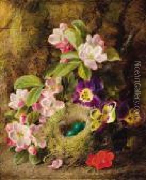 Floral Still Life With A Bird's Nest On A Mossy Bank Oil Painting - George Clare