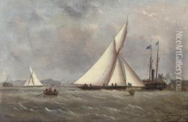 A Big Cutter Approaching The Turning Mark With The Crowded Club Steamer Beyond Oil Painting - Arthur Wellington Fowles
