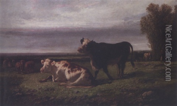 A Bull And Cow In A Pasture Oil Painting - Dirk Peter Van Lokhorst