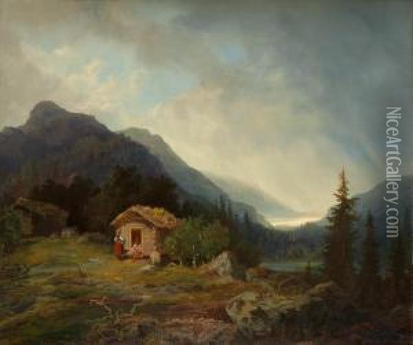 Landskap Med Figurer Utanfor Timmerstuga Oil Painting - Karl Xv