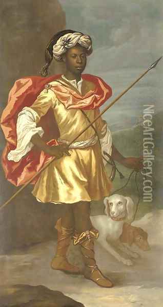Portrait of a Moorish servant, full-length, in classical hunting dress and a turban, with a couple of hounds Oil Painting - Richardson. Jonathan