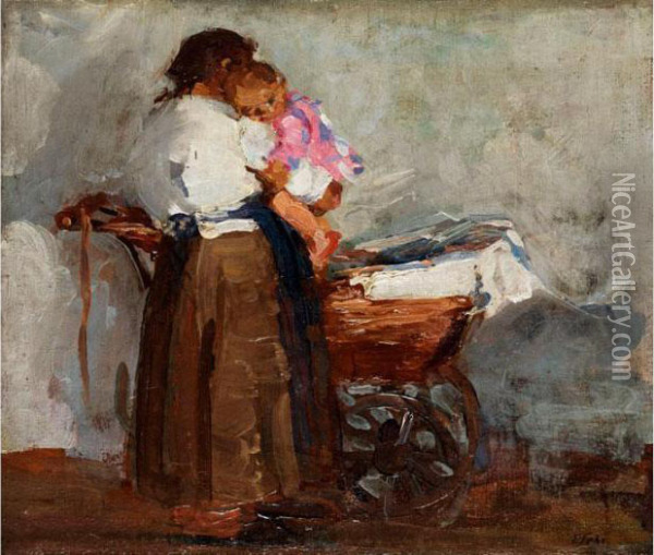 Mutter Mit Kleinkind Vor Einem Kinderwagen Oil Painting - Friedrich Fehr