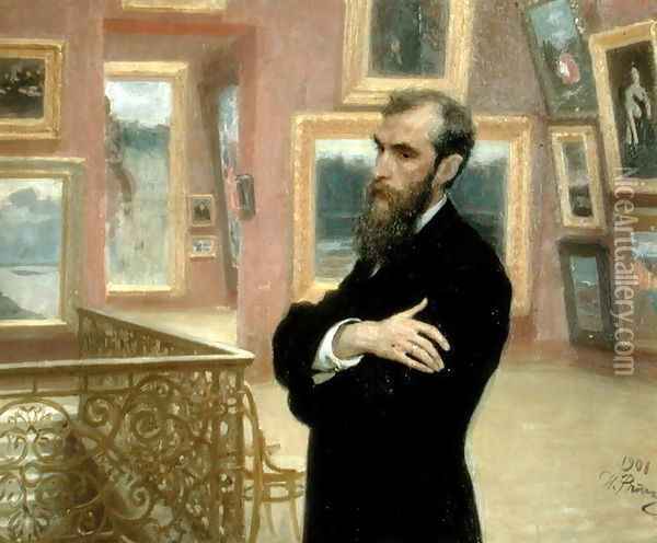 Portrait of Pavel Tretyakov (1832-98) in the Gallery, 1901 Oil Painting - Ilya Efimovich Efimovich Repin