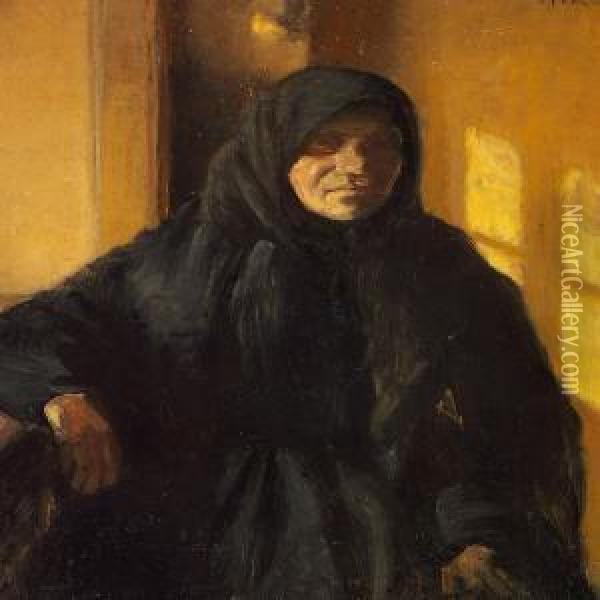 Interior With A Fisherman's Wife Dressed In Black In The Evening Sun Oil Painting - Michael Ancher