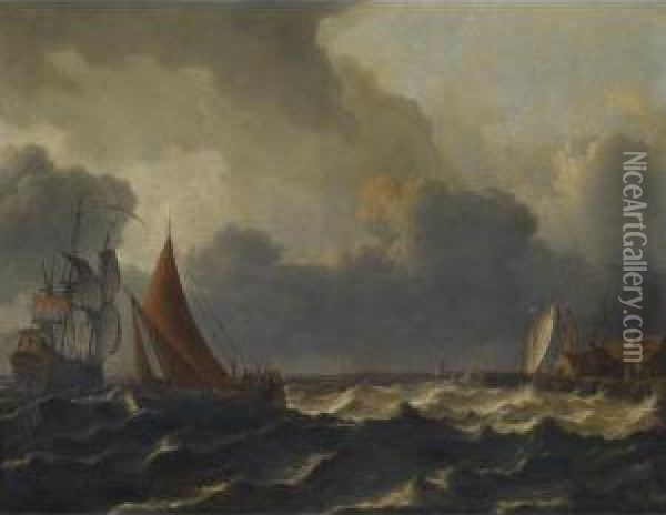 A Smalschip Closed Hauled In A Stiff Breeze With A Flagship Offshore To The Left And A Jetty To The Right Oil Painting - Aernout Smit