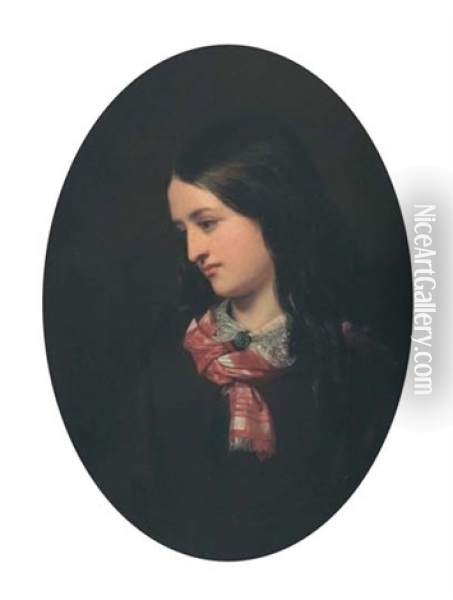 Portrait Of A Young Woman With Plaid Scarf Oil Painting - Cornelius David Krieghoff