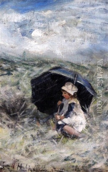 Girl Sheltering Beneath An Umbrella Oil Painting - Robert Gemmell Hutchison