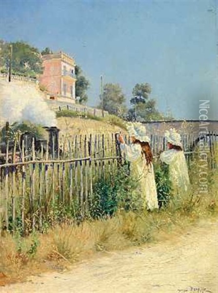 To Sma Piger I Hvide Kjoler Betragter Et Passerende Damplokomotiv Oil Painting - Georges Paul Joseph Darasse