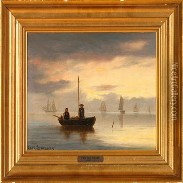 Two Fishermen In Their Boat Outside The Coast Of Hornbaek, Denmark Oil Painting - Carl Locher