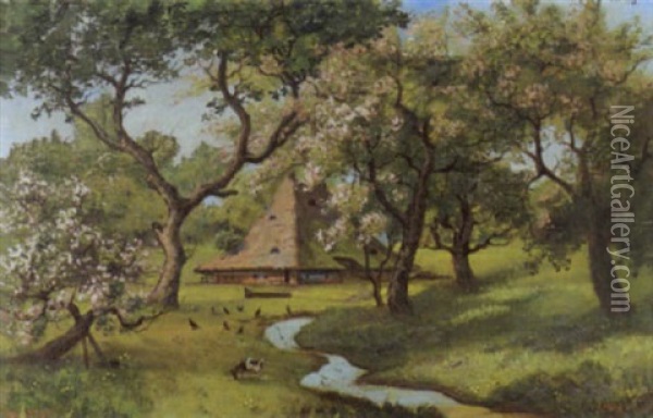 Gehoft In Weiter Wiesen- Und Obstbaumlandschaft Oil Painting - Johann Othmar Doebeli