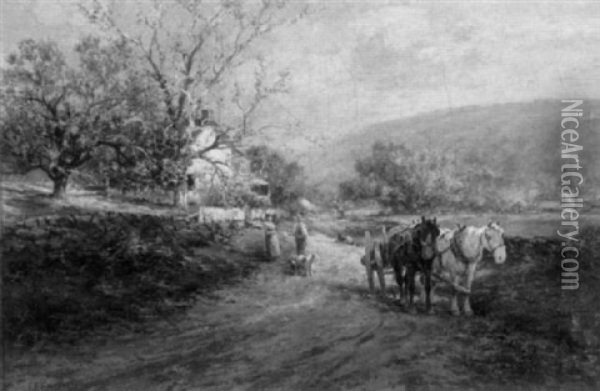Country Landscape With Figures Conversing Beside A Horse Drawn Cart Oil Painting - Frank F. English