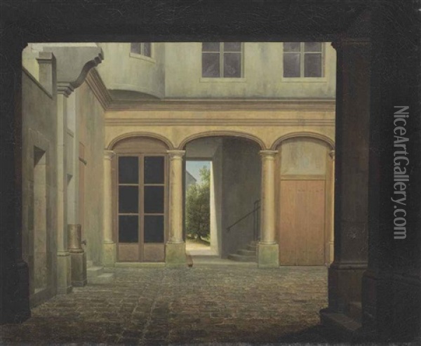 An Italianate Cobblestone Courtyard, A Sunlit Landscape Beyond Oil Painting - Jean Victor Bertin