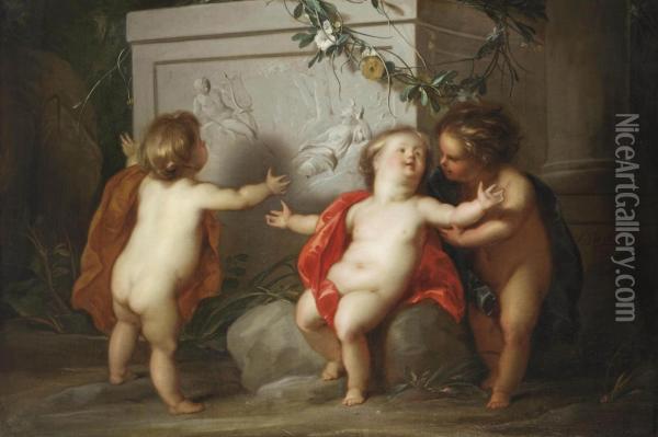 Putti Admiring A Bas-relief In A Garden Oil Painting - Jacob de Wit