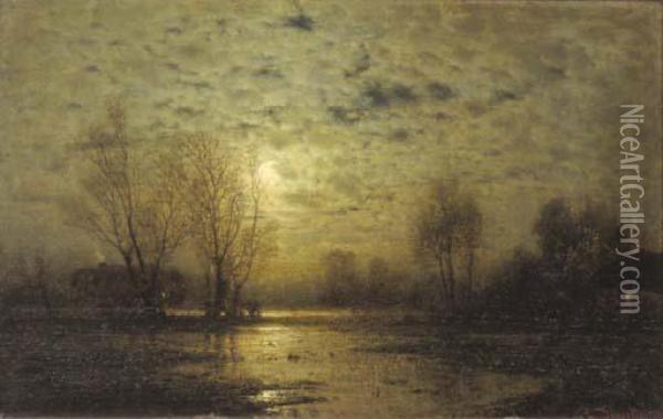 Houses Along A Lake Bij Moonlight Oil Painting - Louis, Carl Ludwig Douzette