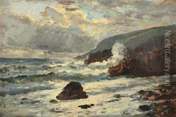 Coastal Scenery With Foaming Waves Oil Painting - Godfred Christensen