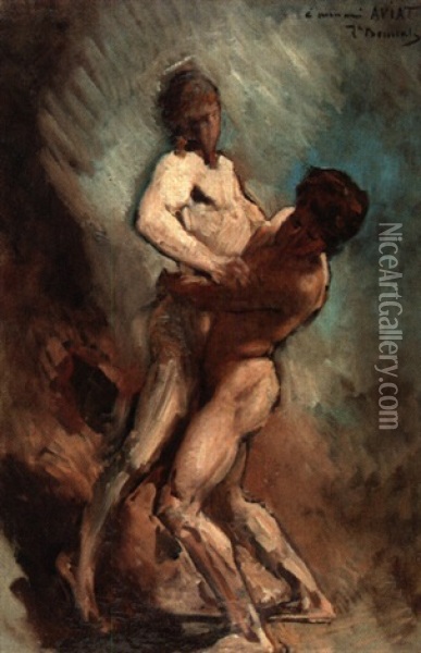 Etude Pour Jacob Se Battant Avec L'ange, Tableau Du Salon De 1876 Oil Painting - Leon Bonnat