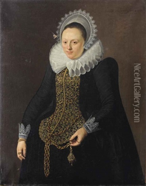 Portrait Of A Lady In A Black Dress With White Lace Collar And Lace Headdress Oil Painting - Nicolaes Eliasz Pickenoy