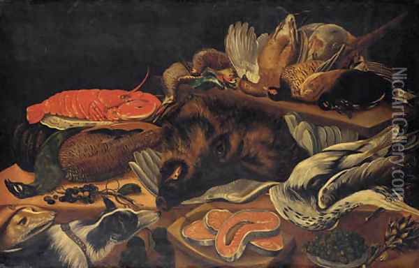 Still life with a peacock, a lobster, a wild boar, a cormorant and game birds on tables Oil Painting - Frans Snyders