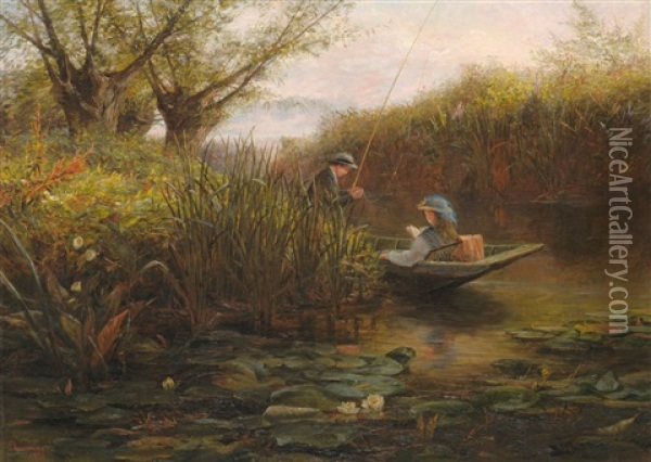 River Landscape With Couple In A Punt Oil Painting - James Aumonier