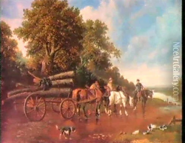 Holzabfuhr In Weiter Baum- Bestandener Flusslandschaft Oil Painting - Jacobus van den Ende