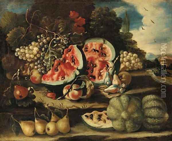 Melons, pears, grapes and apples on a bank Oil Painting - Felice Boselli