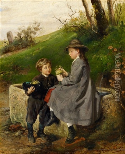 Two Children At A Well Oil Painting - Felix Schlesinger