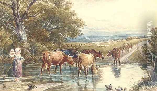 Cattle fording a stream Oil Painting - Myles Birket Foster