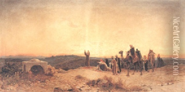 Arabs At Prayer On A Hillside Oil Painting - Hermann David Salomon Corrodi