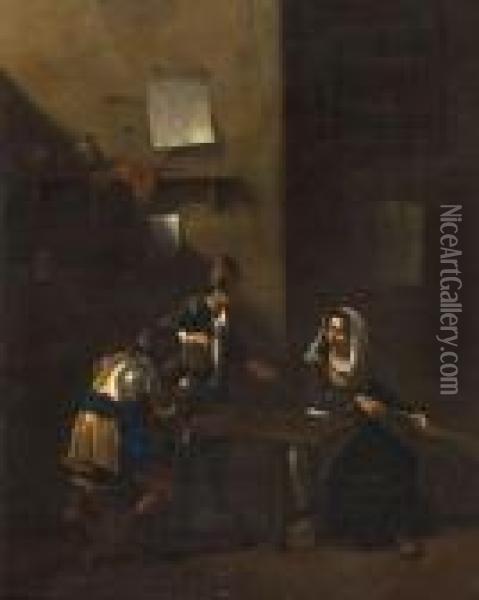 Scene De Taverne Avec Fumeur, Buveur Et Joueuse De Guitare Oil Painting - Cornelis (Pietersz.) Bega