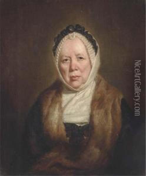 Portrait Of A Lady, Half-length,
 Wearing A Black Dress And A Furwrap With A White Bonnet Trimmed With 
Black Ribbon On Her Head,covered By A Shawl Oil Painting - Thomas Beach