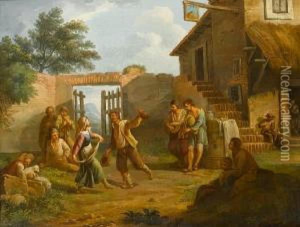 Peasants Dancing In A Courtyard Before Acountry Inn Oil Painting - Paolo Monaldi