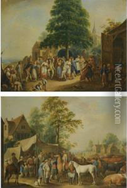 A Village Scene With A Livestock Fair And A Church In The Background Oil Painting - Dirck Langendijk