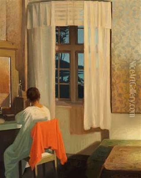 Interior Med En Rygvendt Kvinde, Der Gor Aftentoilette (kunstnerens Kone Agnes?) Oil Painting - Harald Slott-Moller