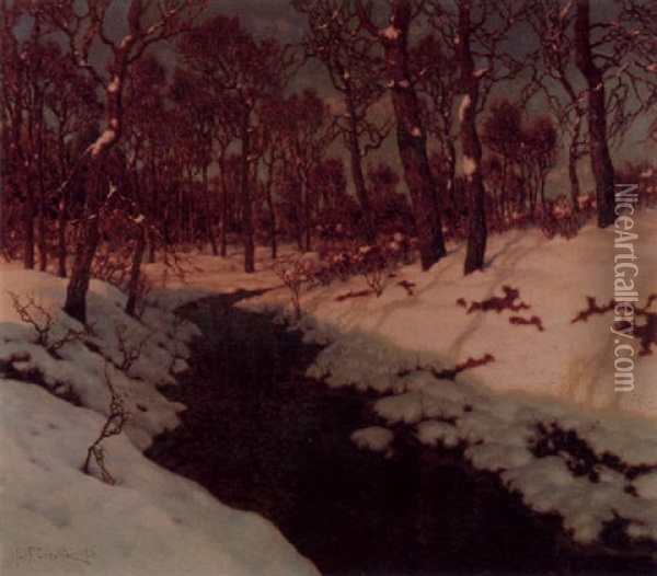 A Stream Through A Snow-covered Forest At Sunset Oil Painting - Ivan Fedorovich Choultse