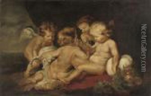 The Infant Christ And The Infant Saint John The Baptist With Two Putti In A Landscape Oil Painting - Peter Paul Rubens