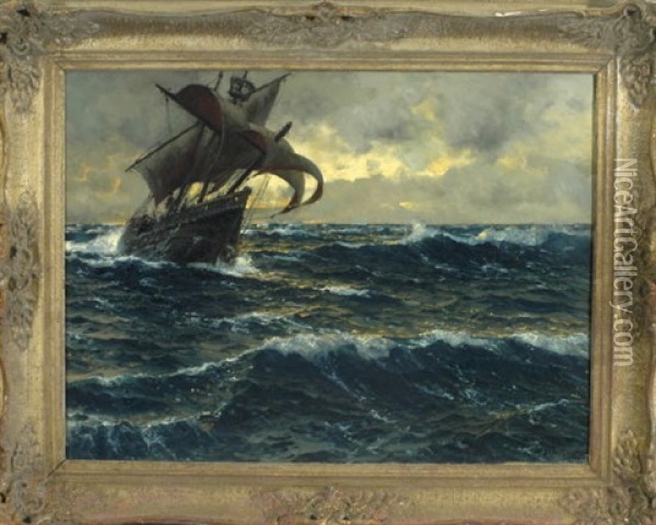 Segelschiff Bei Sturm Auf Schaumender See Im Abendlicht Oil Painting - Michael Zeno Diemer