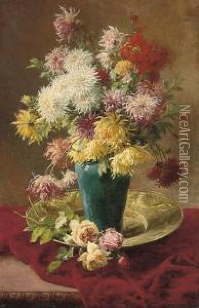 Chrysanthemums And Roses In A Vase On A Salva Oil Painting - Henri Biva