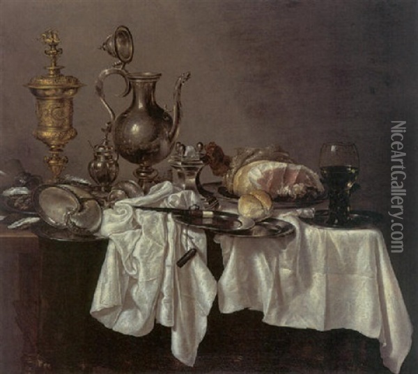 Still Life With A Silver Ewer, A Silver-gilt Covered Cup, A Ham, A Salt, A Roemer, A Nautilus Shell And Other Objects Oil Painting - Willem Claesz Heda