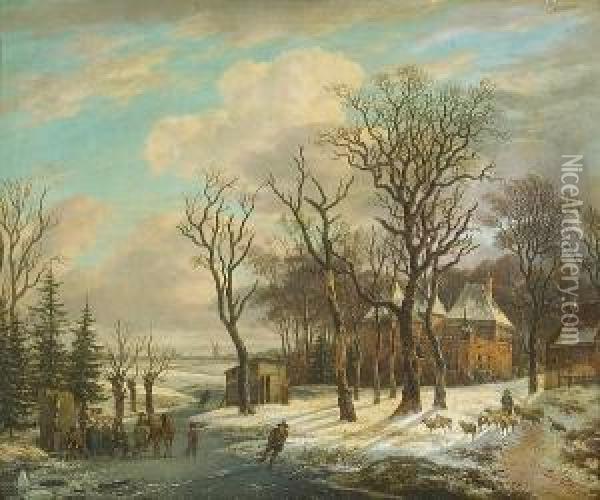A Winter Scene With Figures Skating On A Frozen River Oil Painting - Anthony Jacobus Offermans