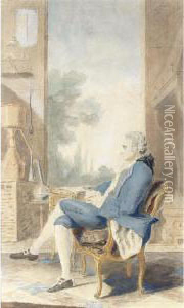 A Portrait Of The Duc De 
Lauraguais, Louis Leon Felicite De Brancas, Seated In A Laboratory Oil Painting - Louis Carrogis Carmontelle
