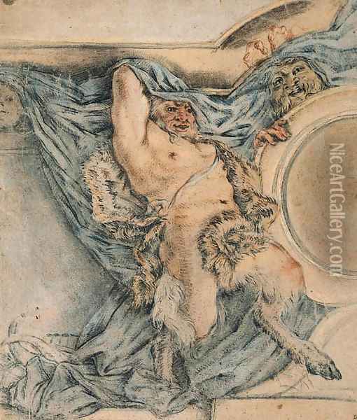 A Satyr holding up a Drapery Design for a Ceiling Oil Painting - Michel Dorigny